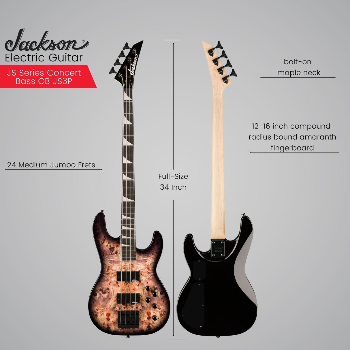 Jackson JS Concert Bass CB JS3P Bass Guitar(Trans Black Burst), Gig Bag, Strings