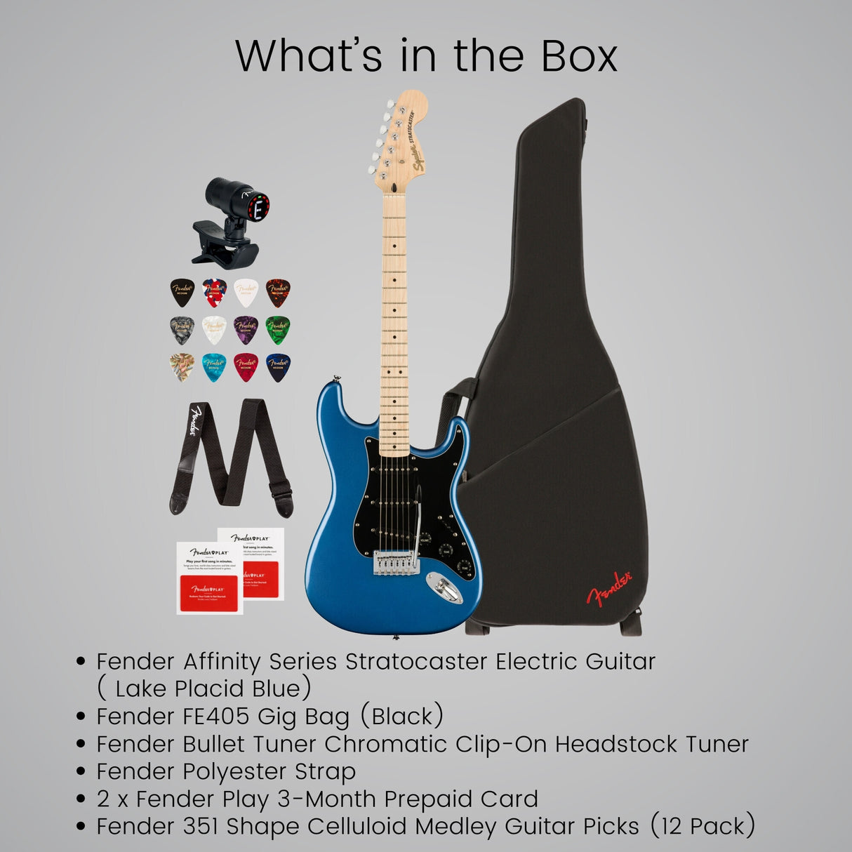 Squier Affinity Stratocaster 6-String Electric Guitar (Lake Placid Blue) Bundle