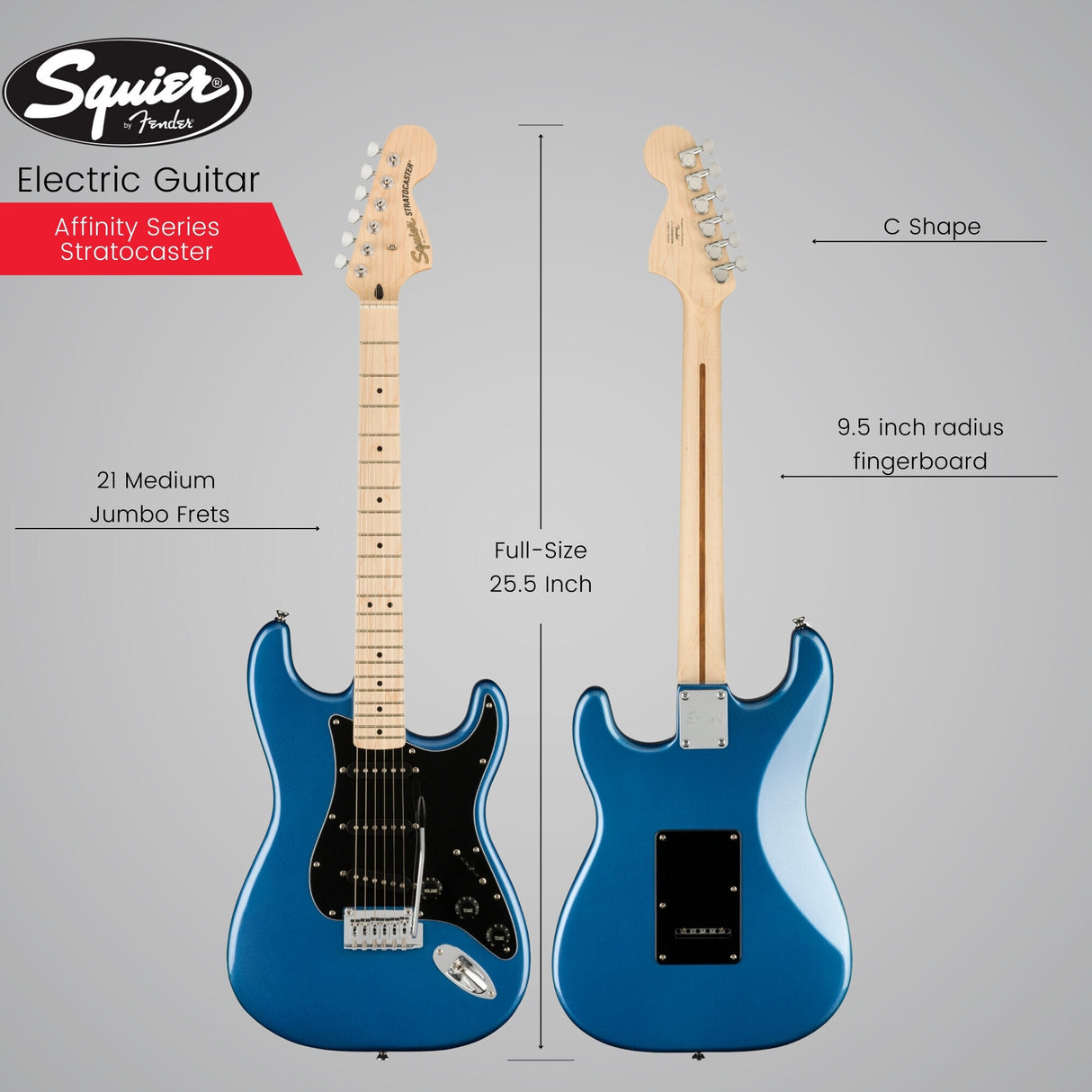 Squier Affinity Stratocaster 6-String Electric Guitar (Lake Placid Blue) Bundle