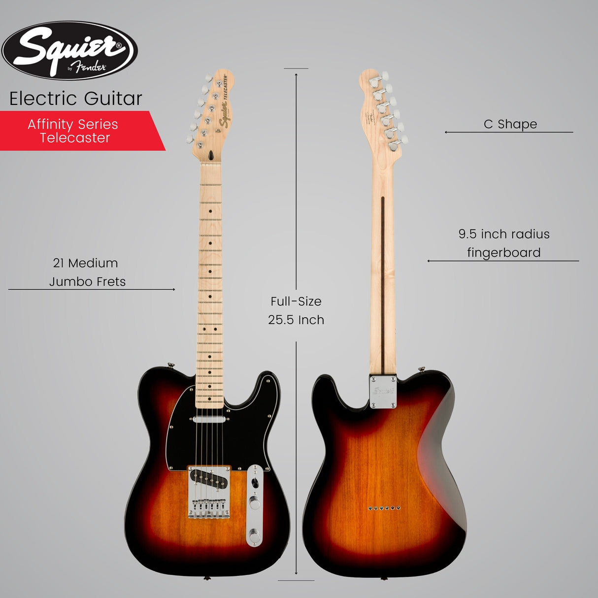 Squier Affinity Series Telecaster Electric Guitar (3-Color Sunburst) Bundle