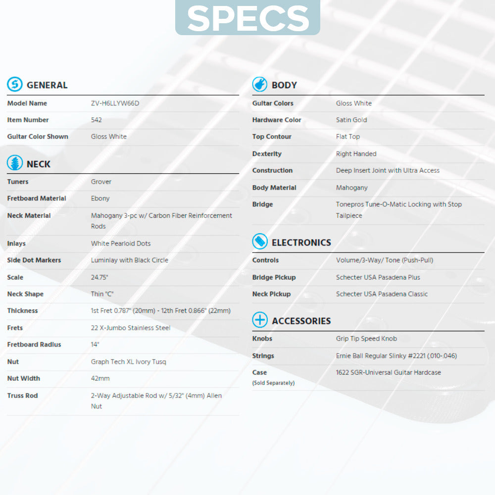 Schecter ZV-H6LLYW66D Electric Guitar (Gloss White) with Hardshell Case Bundle