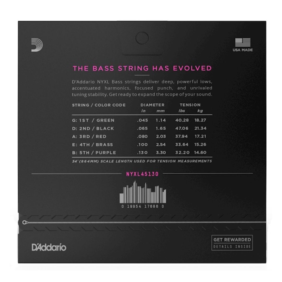 45-130 Regular Light 5-String, Long Scale, NYXL Bass Strings