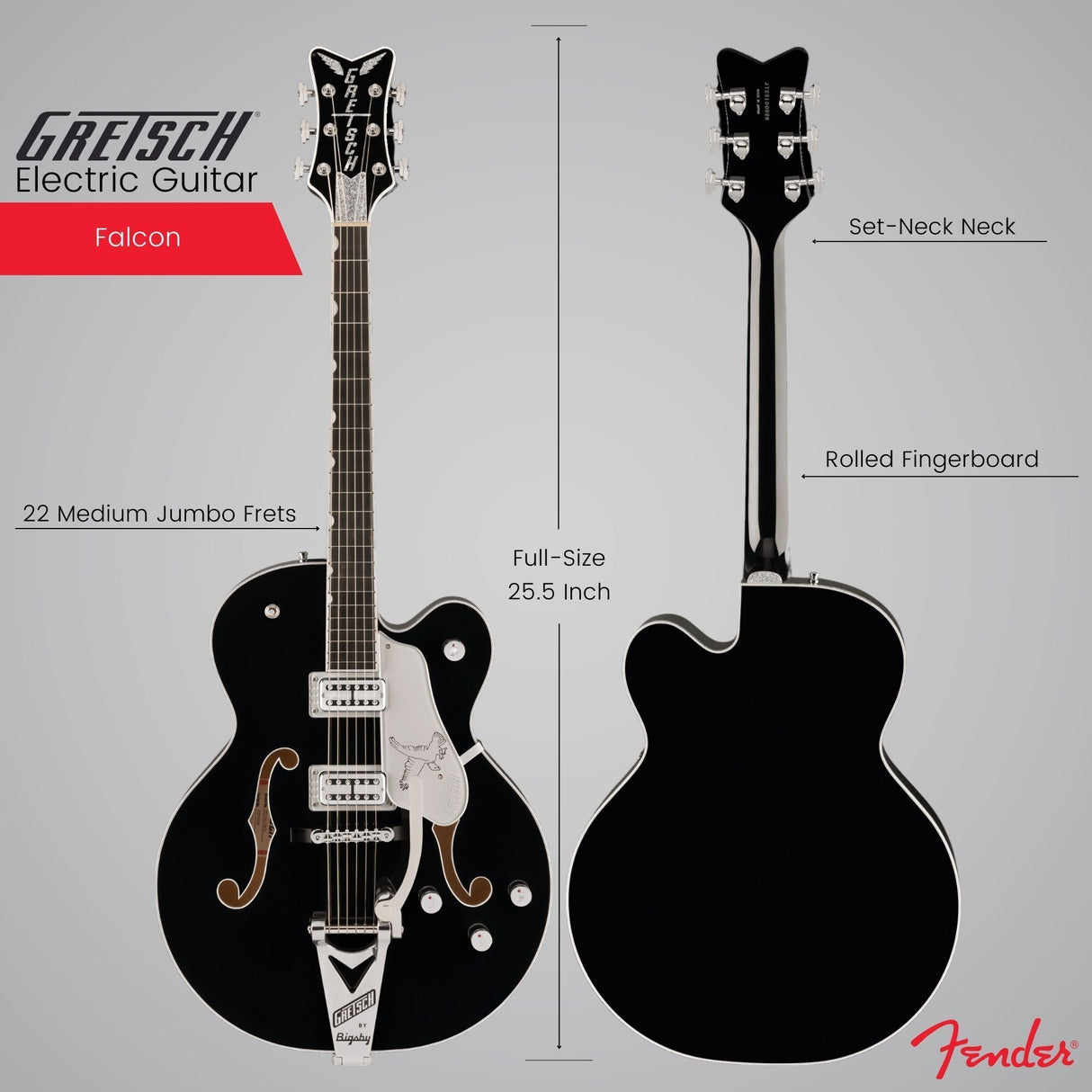 Gretsch Falcon Hollow Body Black Electric Guitar Bundle