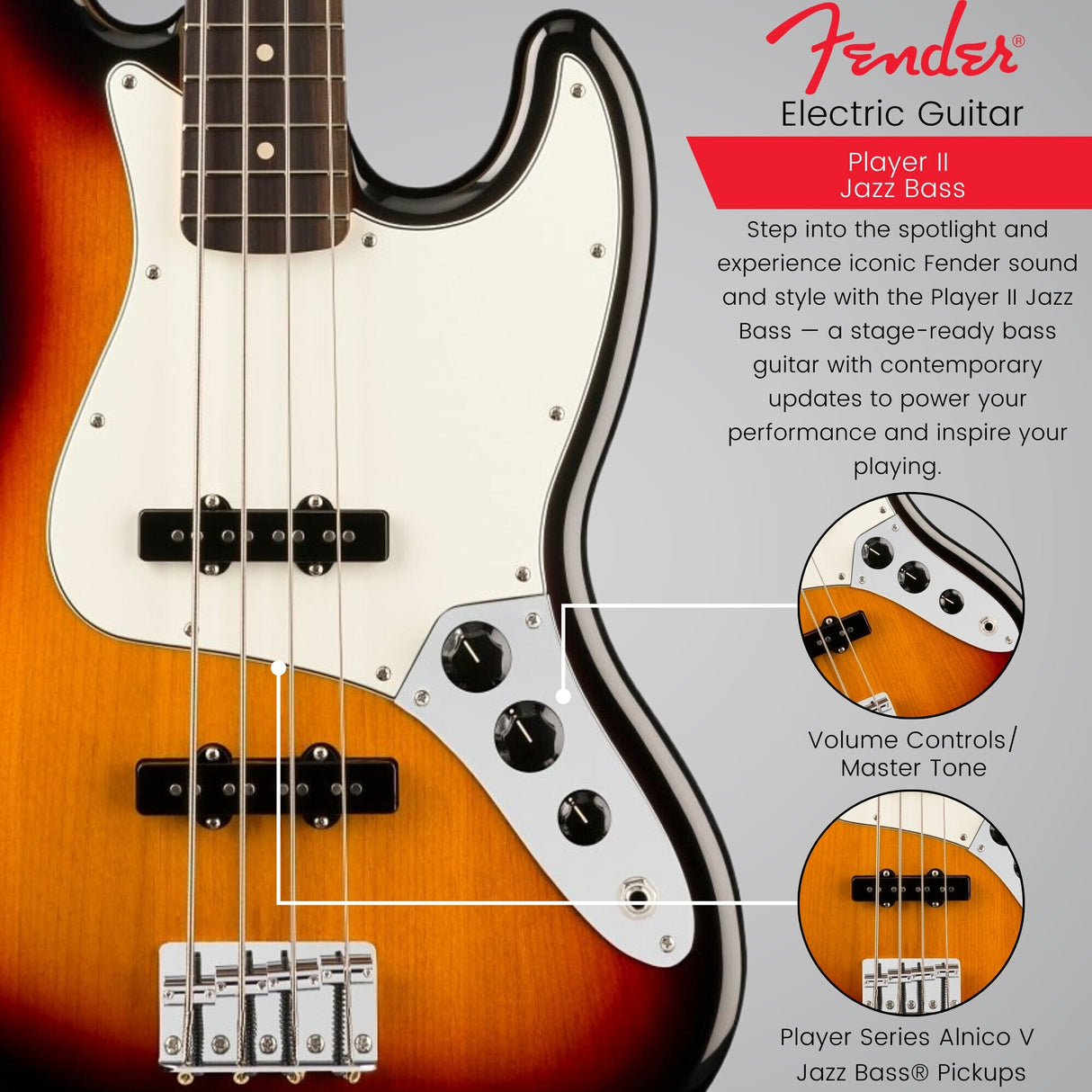 Fender Player II Jazz Bass, Rosewood Fingerboard, 3-Color Sunburst