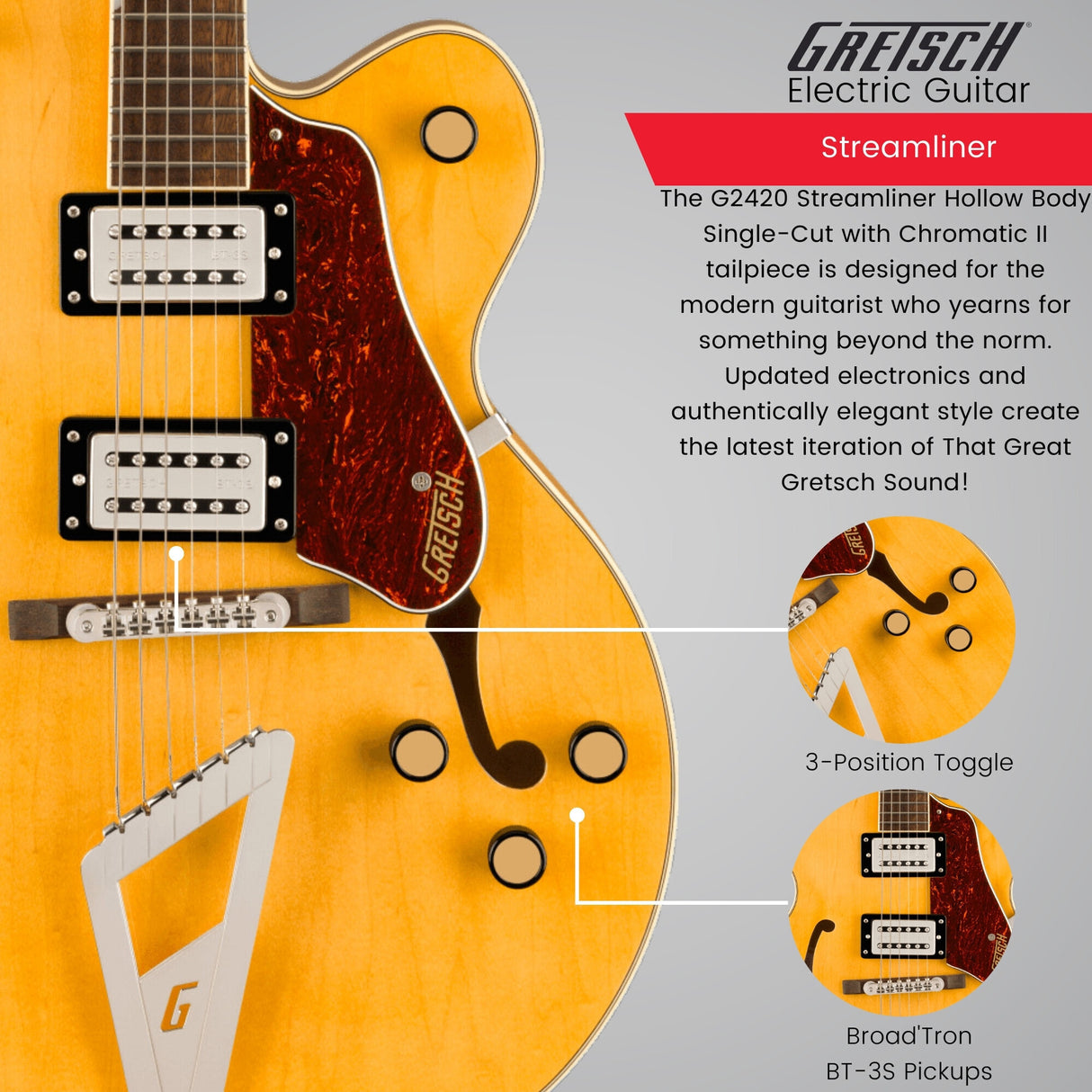 Gretsch G2420 Streamliner Hollow Body Electric Guitar with Chromatic II (Amber)