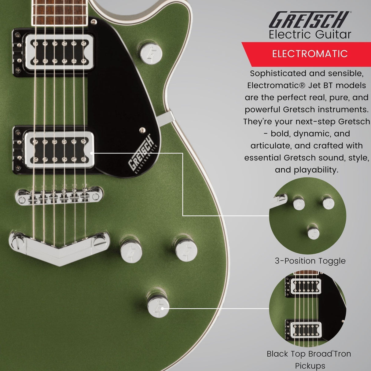 Gretsch G5220 Electromatic Jet BT Single Cut Olive Metallic Guitar Bundle