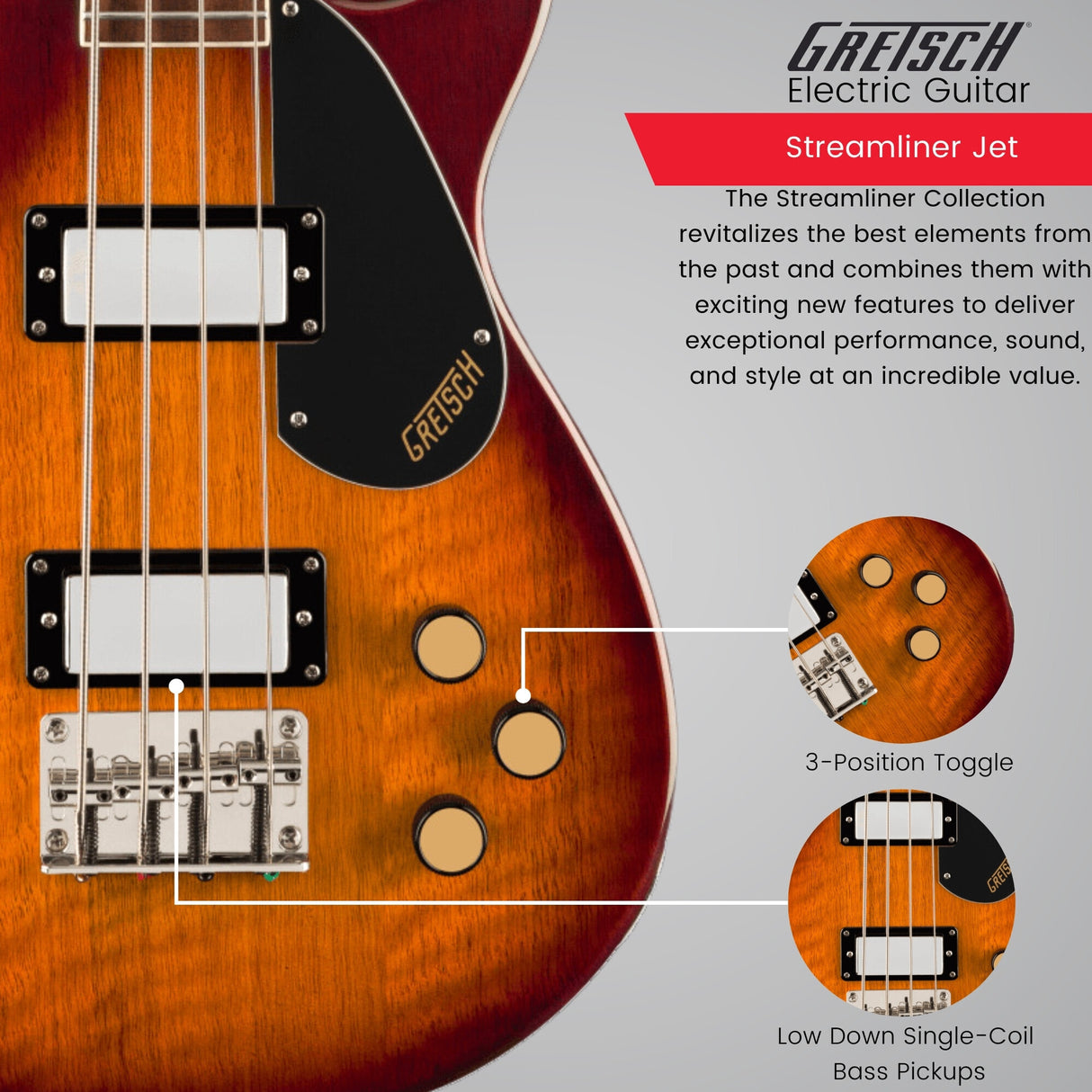 Gretsch Streamliner Jet Club Single-Cut 4-String Bass Guitar (Burst) with Case