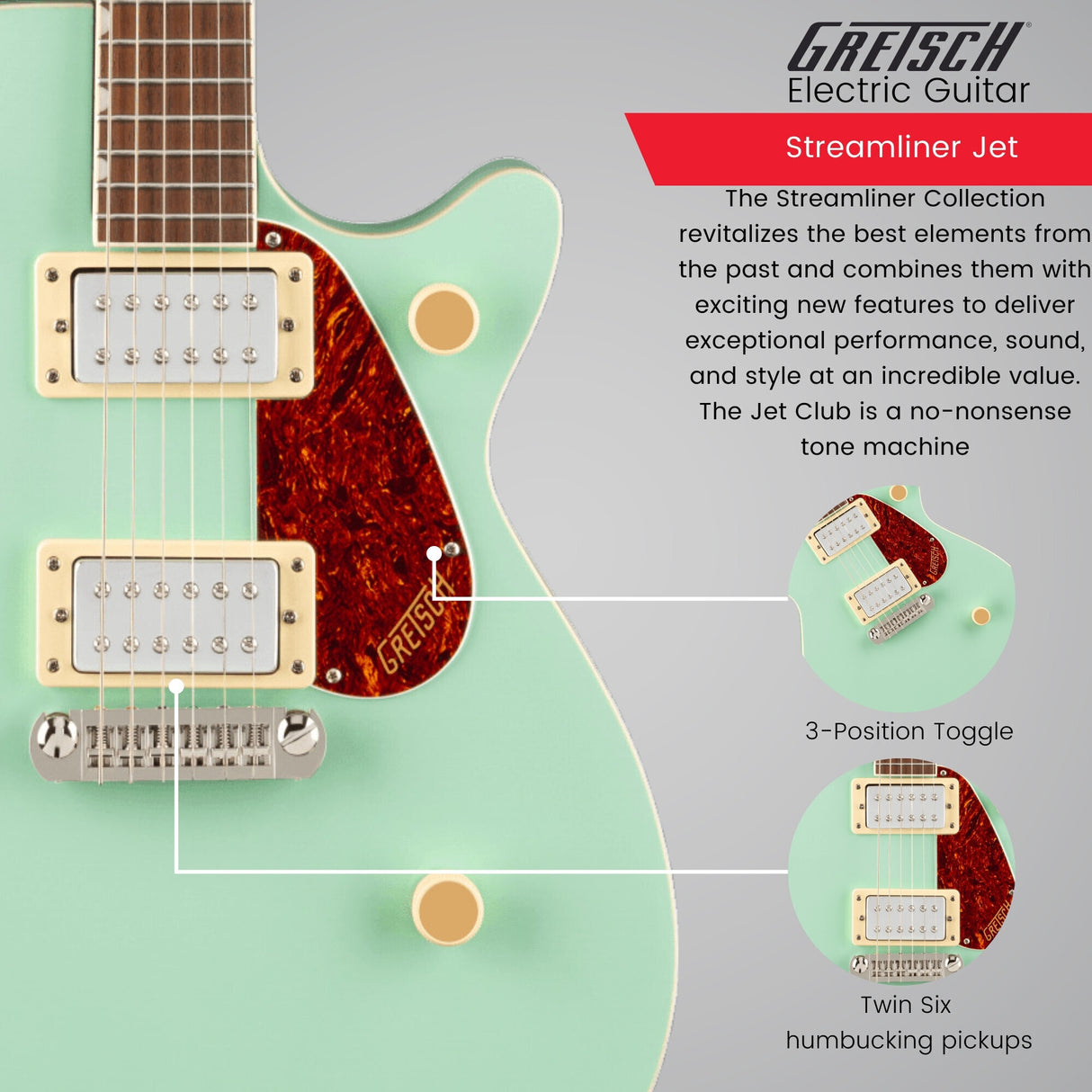 Gretsch Streamliner Jet Club Single-Cut Electric Guitar (Mint Metallic) Bundle