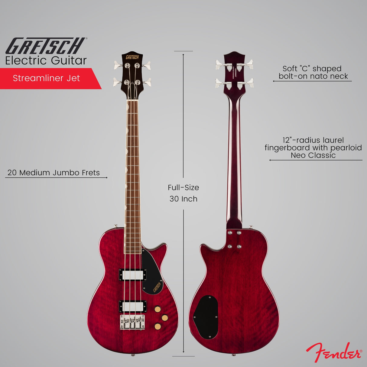 Gretsch Streamliner Jet Club Single-Cut 4-String Bass Guitar (Walnut) Bundle