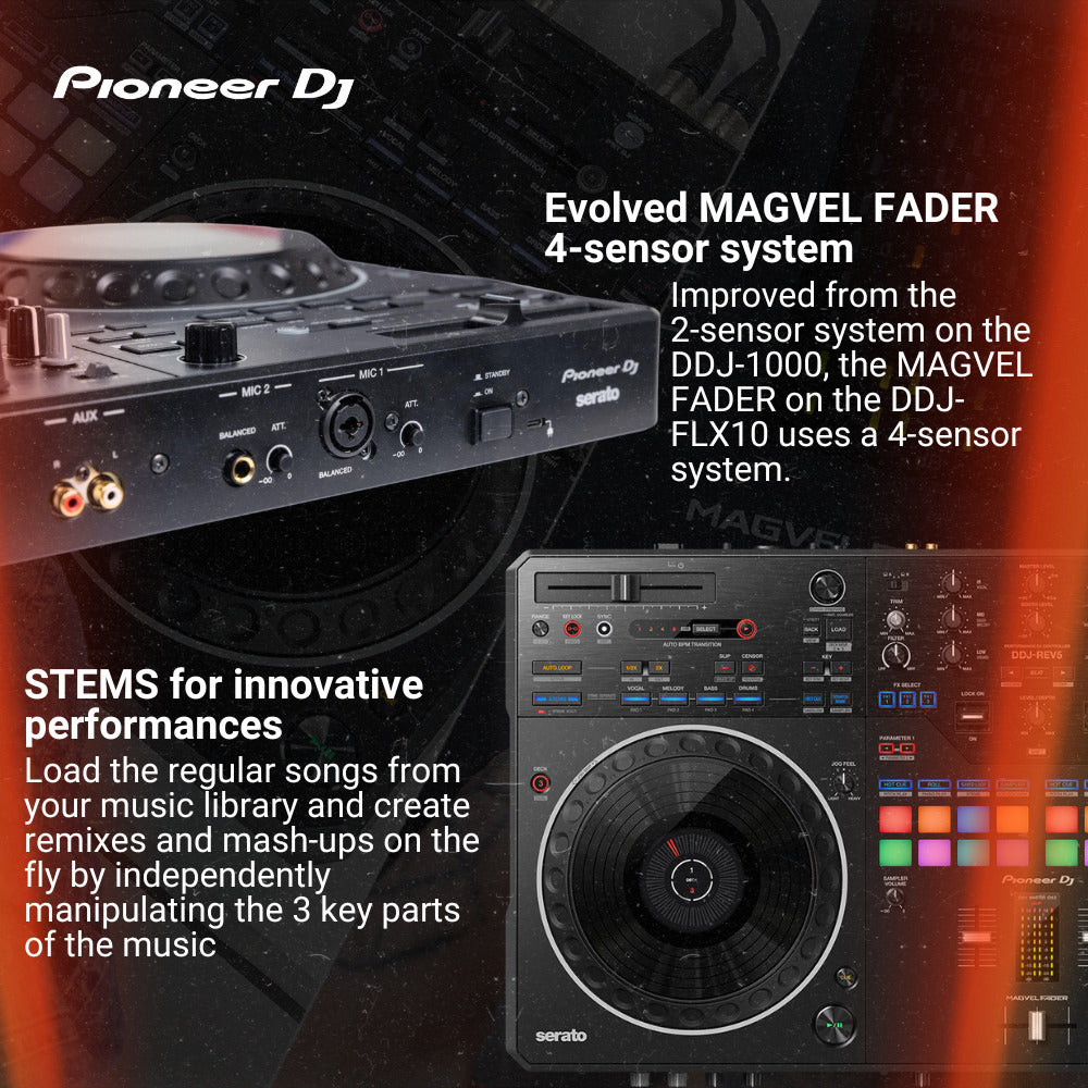 Pioneer DJ DDJ-REV5 4-Deck Serato DJ Controller w Laptop Stand and Cables Bundle