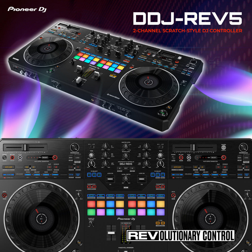 Pioneer DJ DDJ-REV5 4-Deck Serato DJ Controller w Laptop Stand and Cables Bundle
