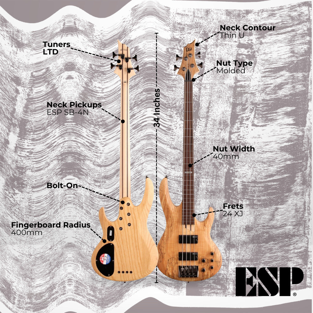 ESP LTD B-204SM Bass Guitar - Natural Satin with Hardshell Case and Stand