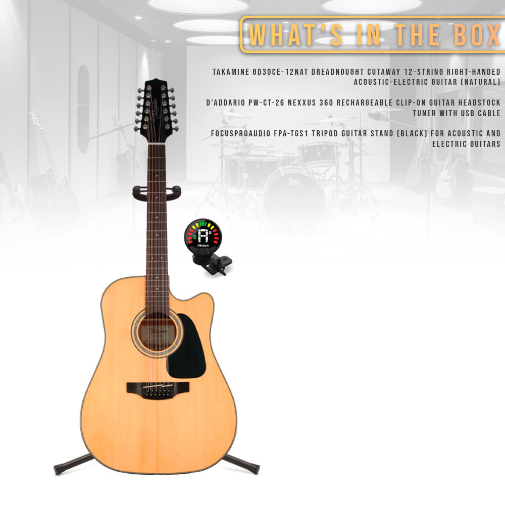 Takamine GD30CE-12NAT 12-String Acoustic-Electric Guitar with Stand, Tuner