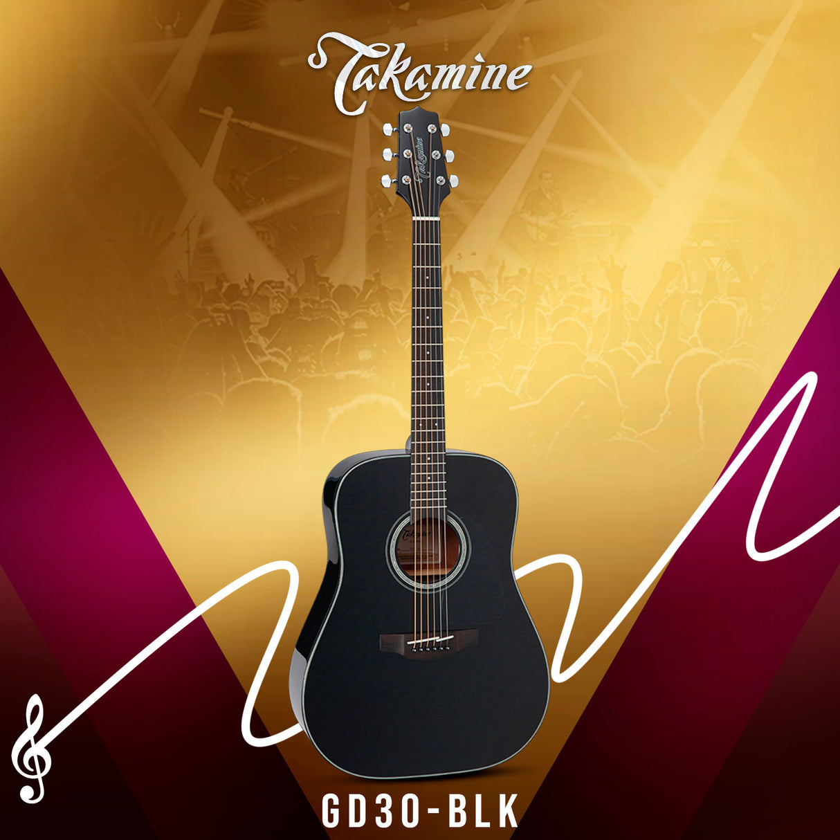 Takamine GD30-BLK Dreadnought Acoustic Guitar, Black with Gigbag