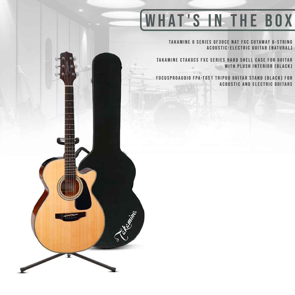 Takamine GF30CE-NAT FXC Cutaway Acoustic-Electric Guitar with Case and stand