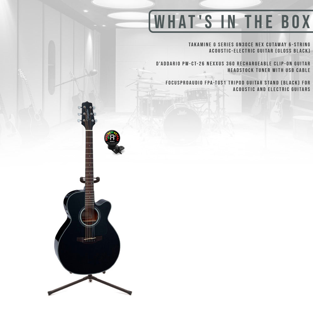 Takamine G Series GN30CE NEX Acoustic-Electric Guitar Black with stand and tuner