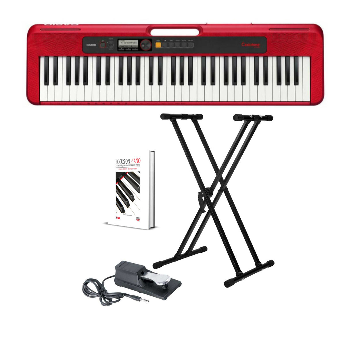 Casio Casiotone CT-S200 61-Key Portable Keyboard (Red) w/Stand, Pedal, and Book
