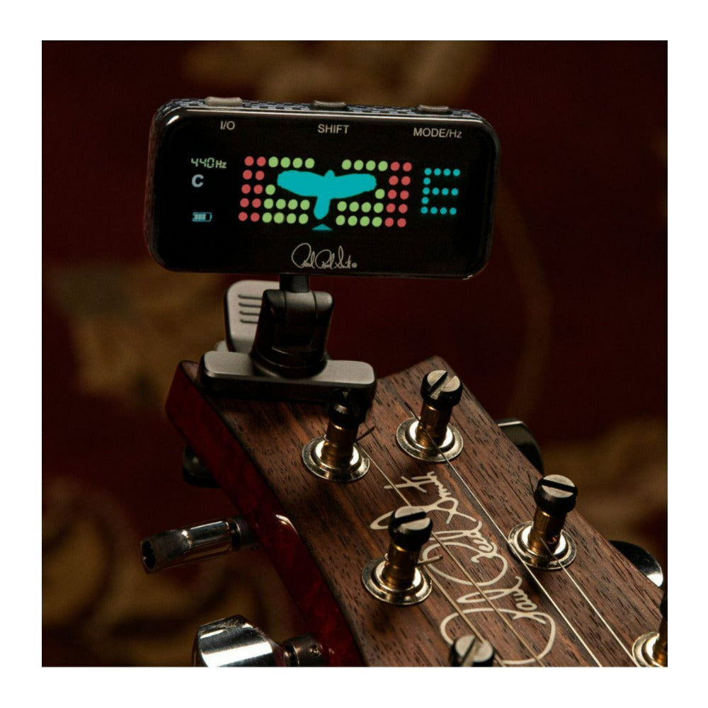 PRS USB Rechargeable Clip On Black Headstock Tuner with No Slip Rubber Clip