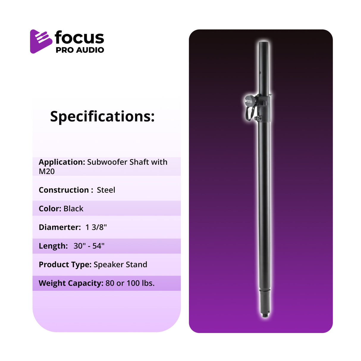 Focus Pro Audio Subwoofer Pole with M20 Thread
