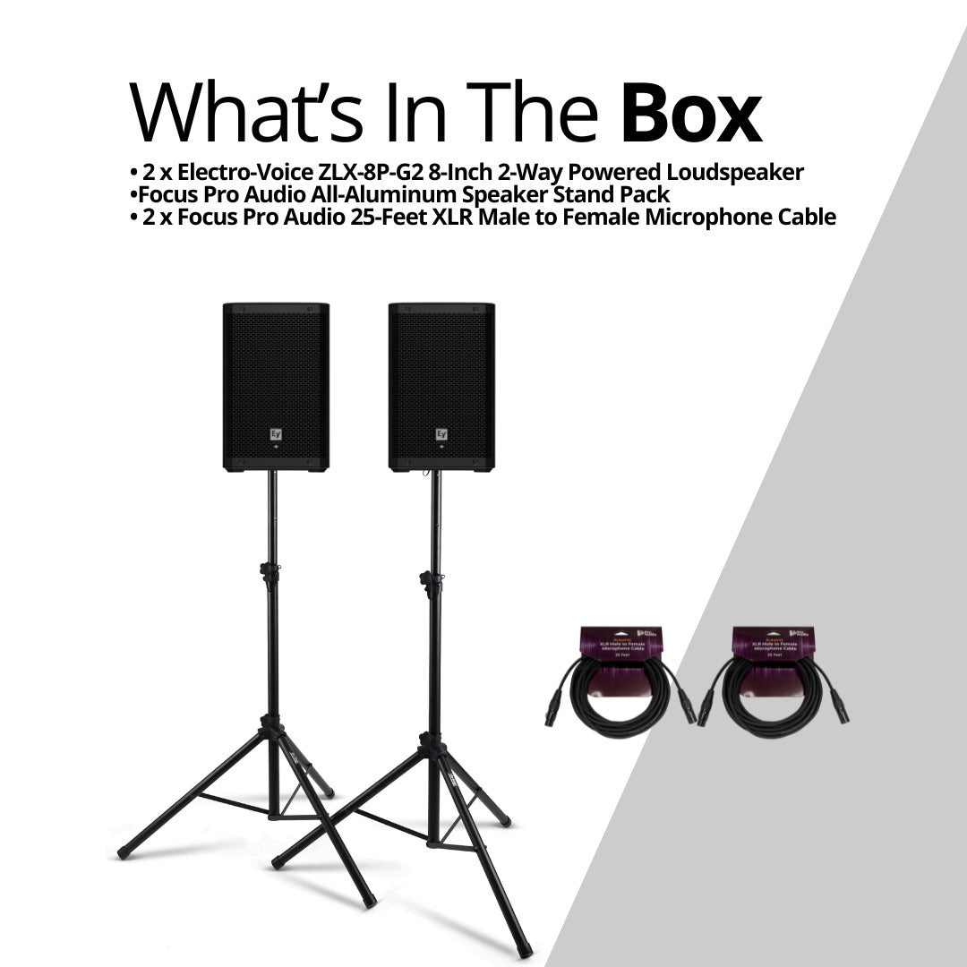 Electro Voice ZLX 8P G2 8 Inch 2 Way Powered Black 2 Pack Loudspeaker Bundle (Open Box)