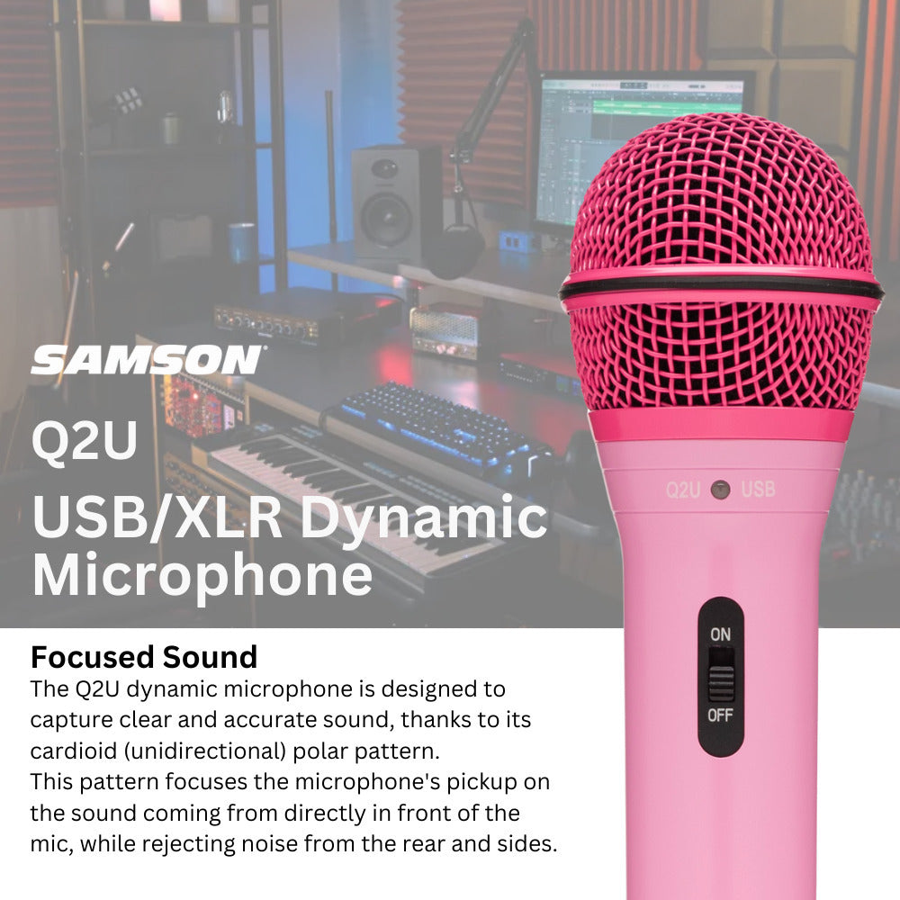 Samson Q2U USB and XLR Handheld Pink Dynamic Microphone and Headphones Bundle