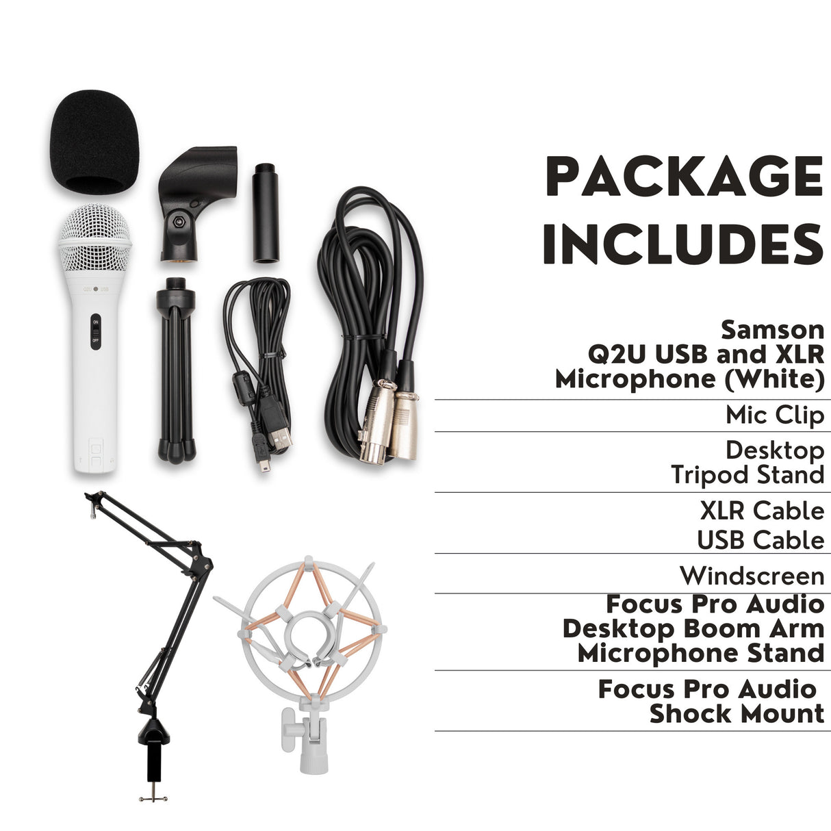 Samson Q2U USB and XLR White Microphone and Focus Pro Audio Shock Mount Bundle
