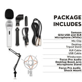 Samson Q2U USB and XLR White Microphone and Focus Pro Audio Shock Mount Bundle