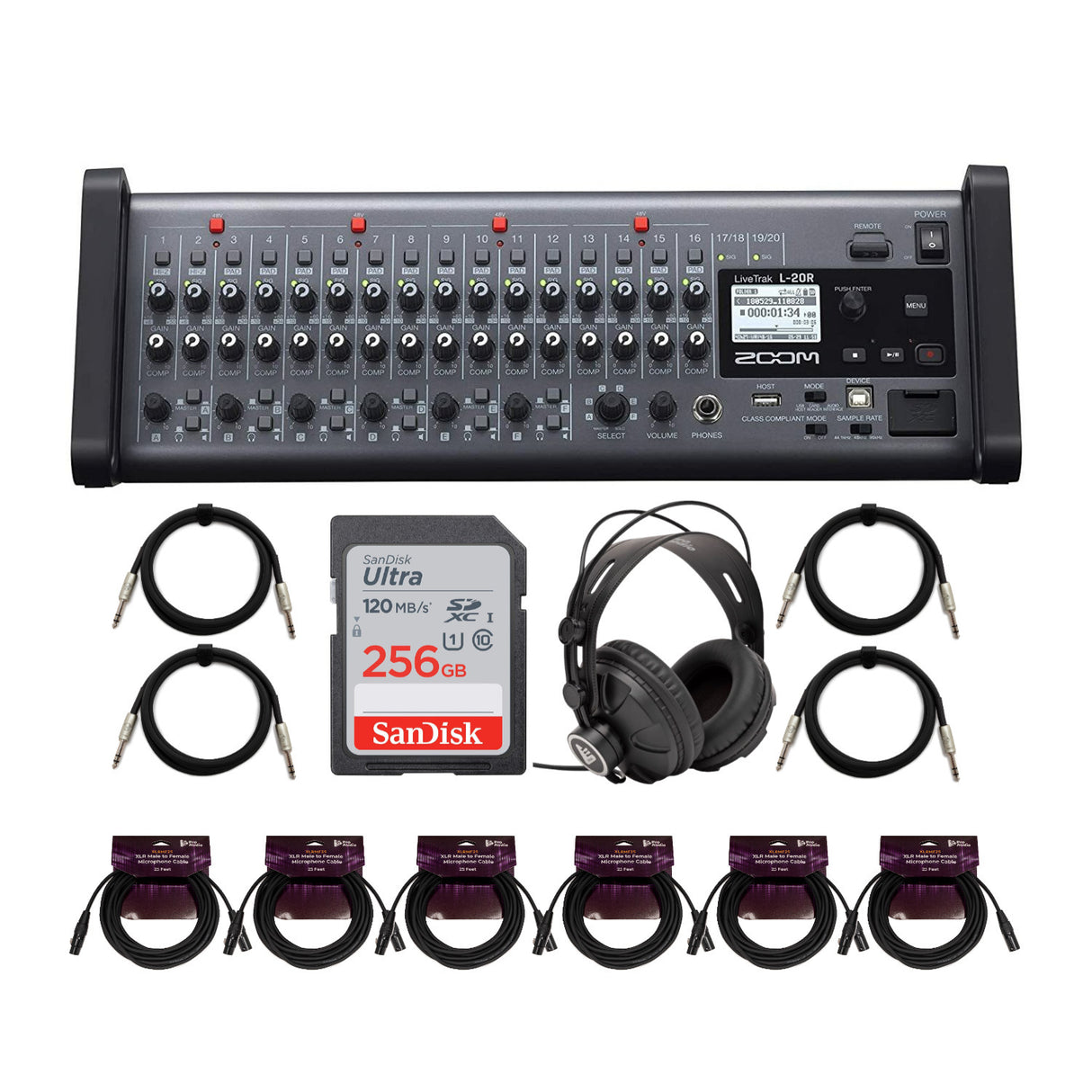Zoom LiveTrak L-20R 20-Channel Digital Mixer-Recorder with Headphones Bundle