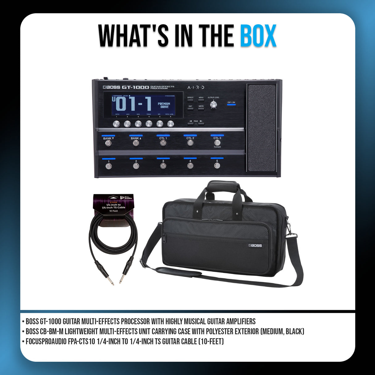 BOSS GT 1000 Guitar Multi Effects Processor with Case and Guitar Cable Bundle