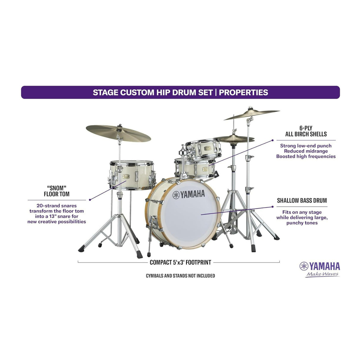 Yamaha SBP0F4HCLW Stage Custom Hip Classic White Acoustic Drum Set