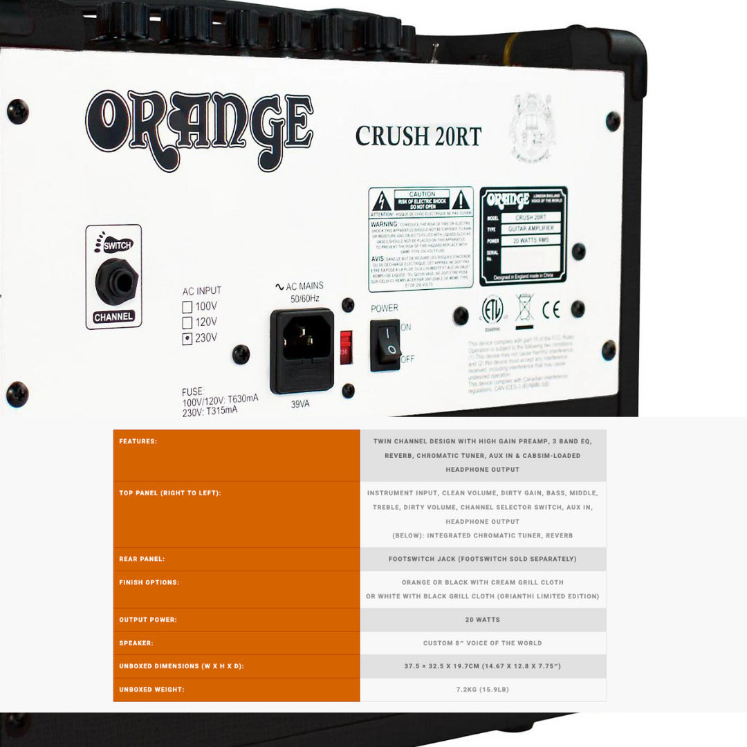 Orange Amps 20 Watt Black CRUSH 20 RT and 10 Feet TS Guitar Cable Bundle