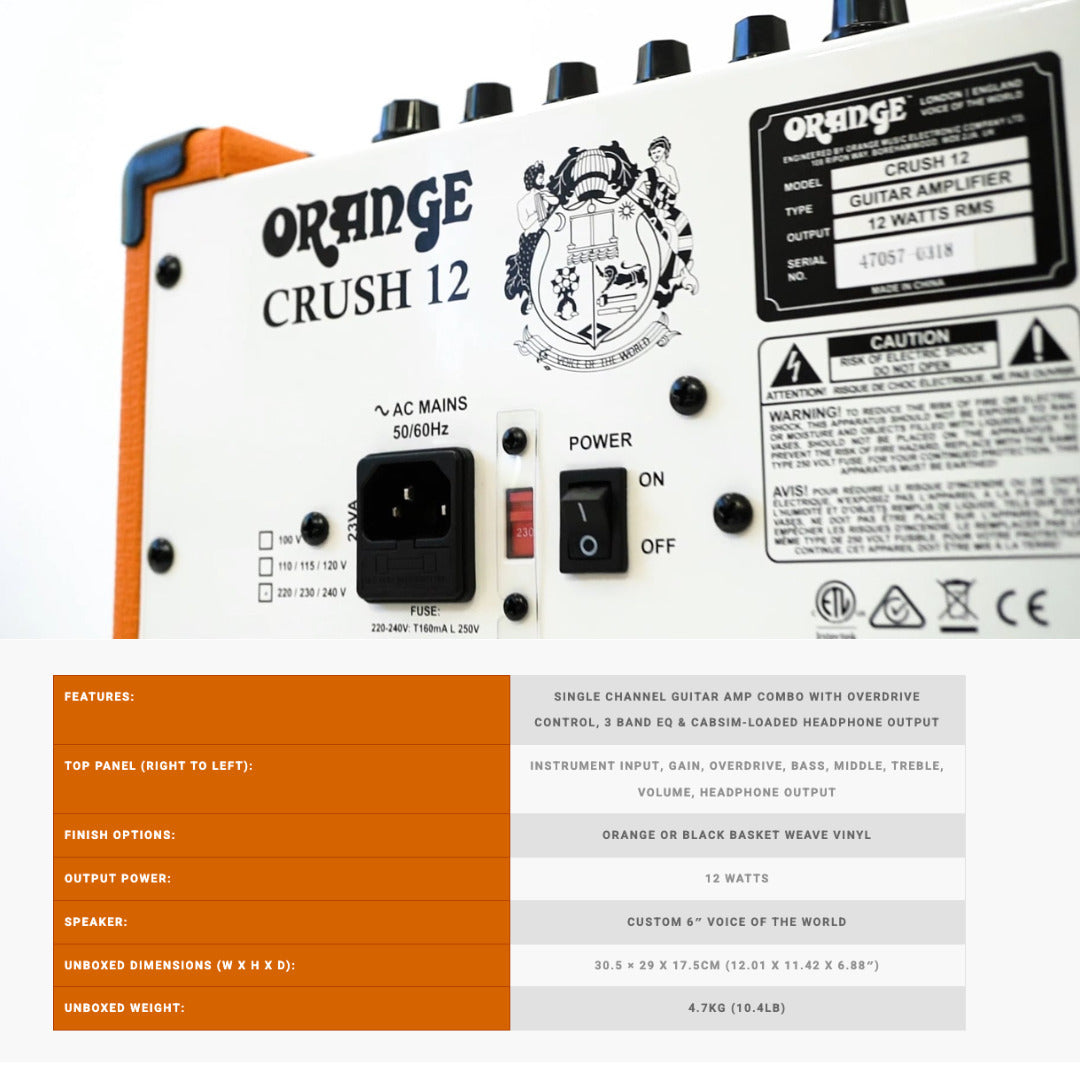 Orange Amplifiers Crush 12W Analogue Combo Amp with TS Guitar Cable Bundle