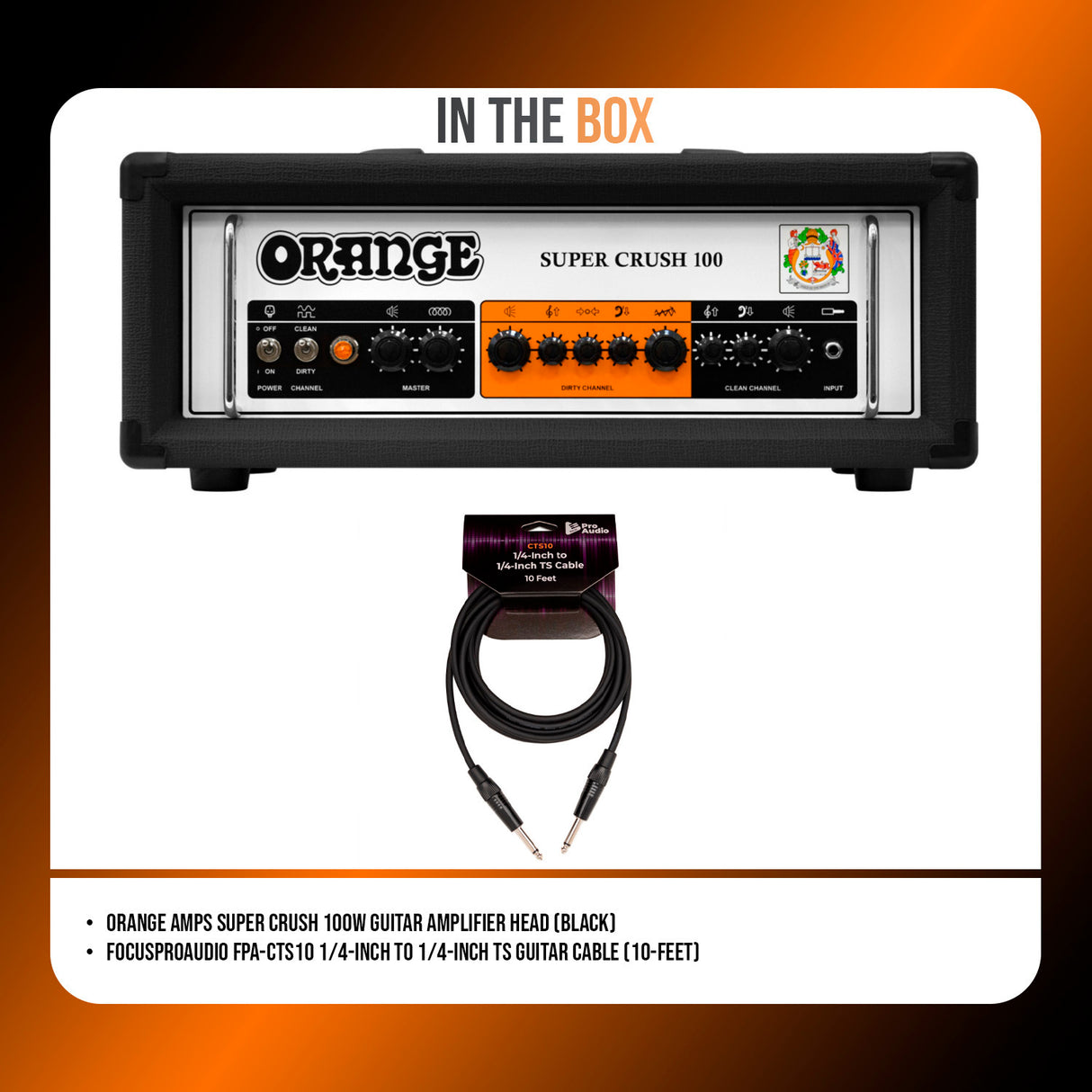 Orange Amps Super Crush 100W Amp Head (Black) with 10ft Guitar Cable (2 Items)