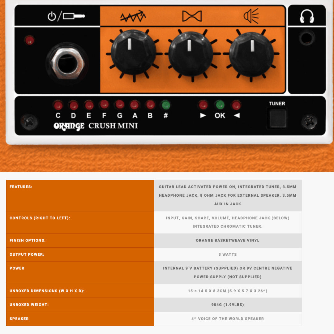 Orange Amps Crush Mini Analog Guitar Amplifier (3W) with 10 ft Instrument Cable