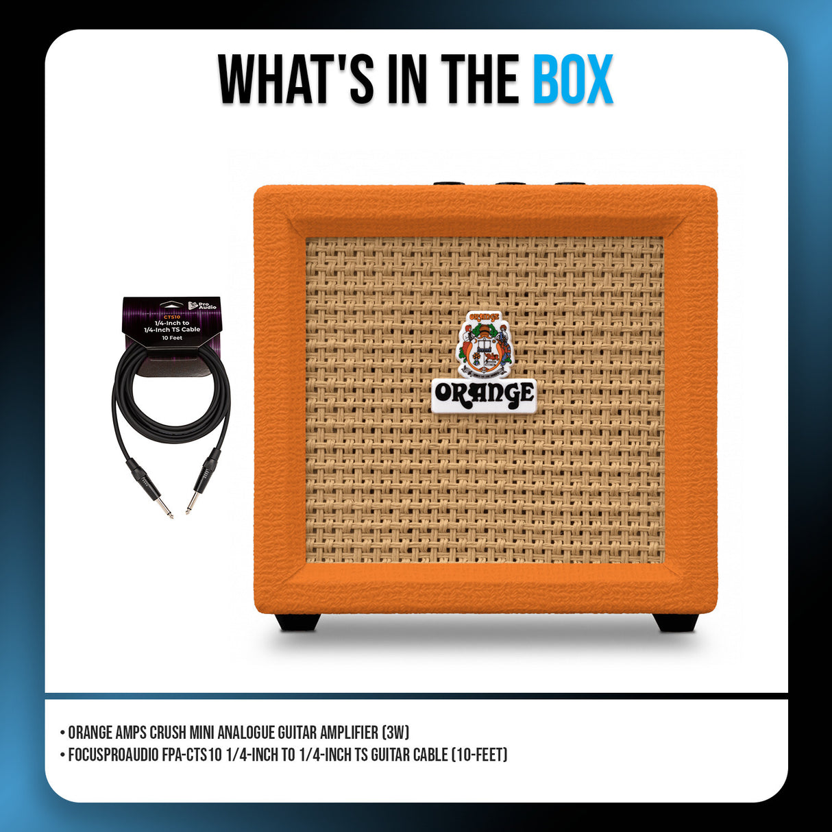 Orange Amps Crush Mini Analog Guitar Amplifier (3W) with 10 ft Instrument Cable