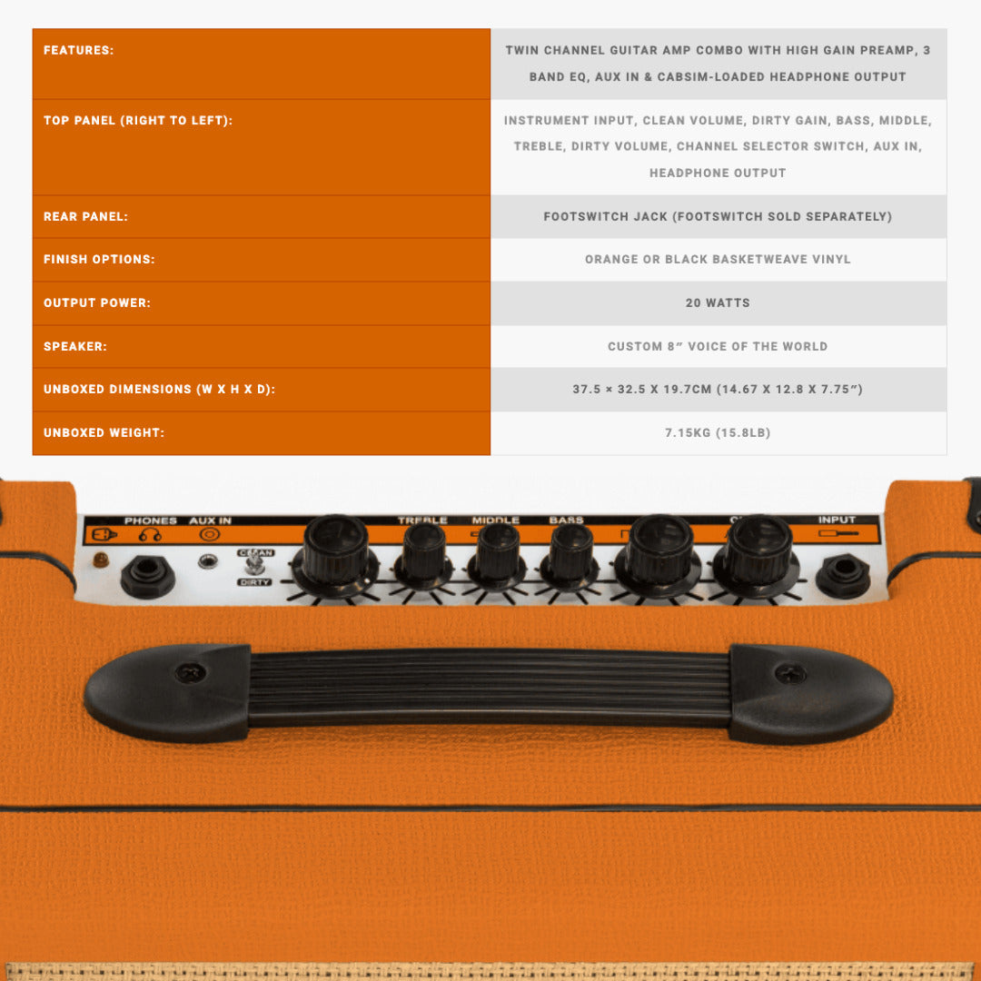 Orange Amps Crush 20 Analogue Combo Amplifier, 20W with 10 ft Instrument Cable