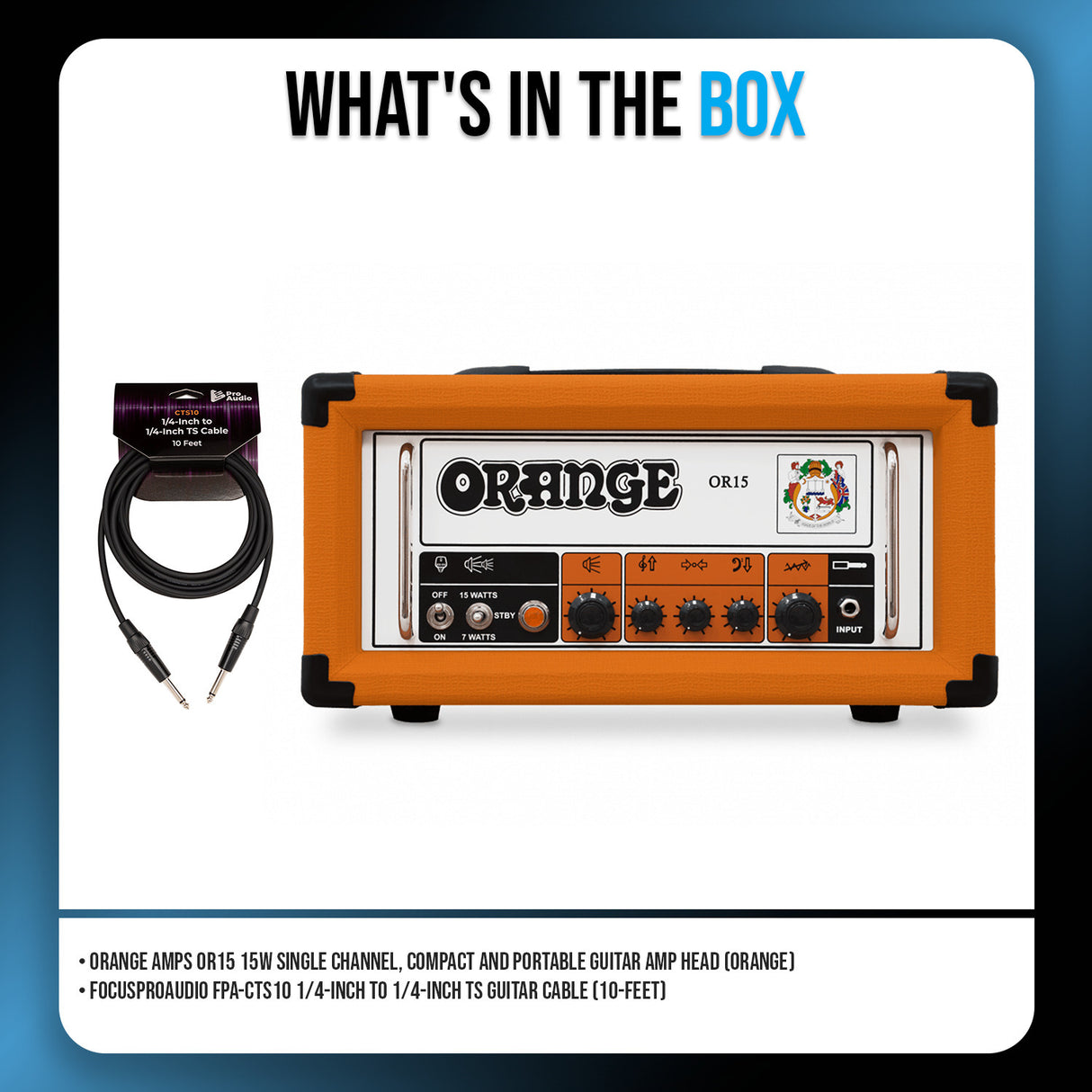 Orange Amps OR15 15W Single Channel Orange Guitar Amp Head and TS Cable Bundle