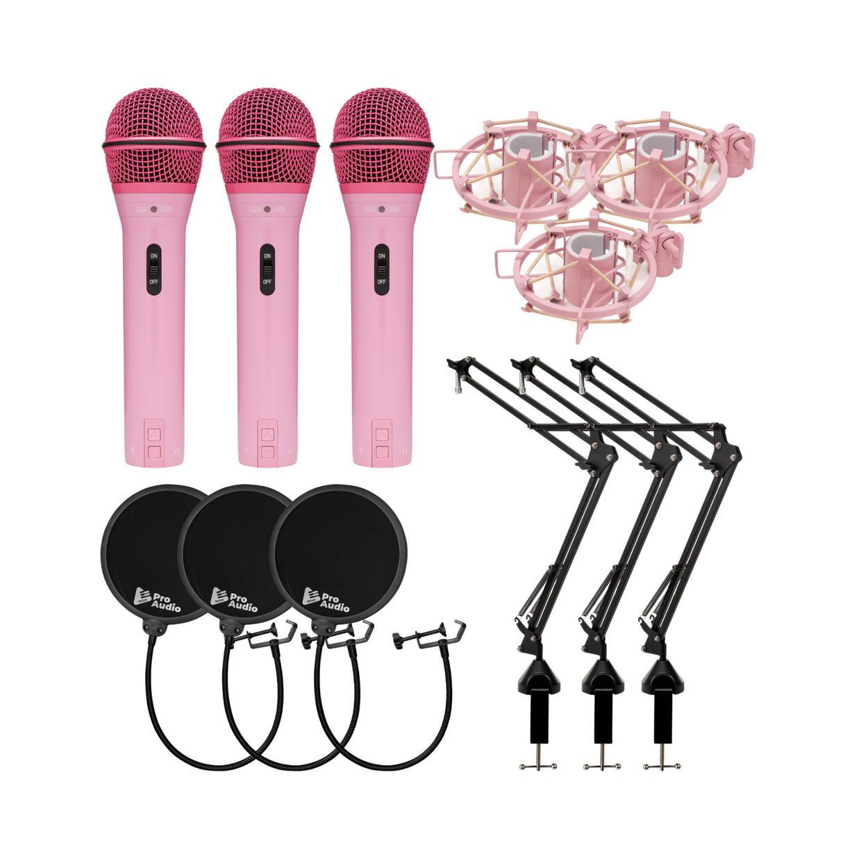 Samson Q2U Dynamic USB Mic with Shockmounts, Boom Arms, Pop Filters (3-pack)