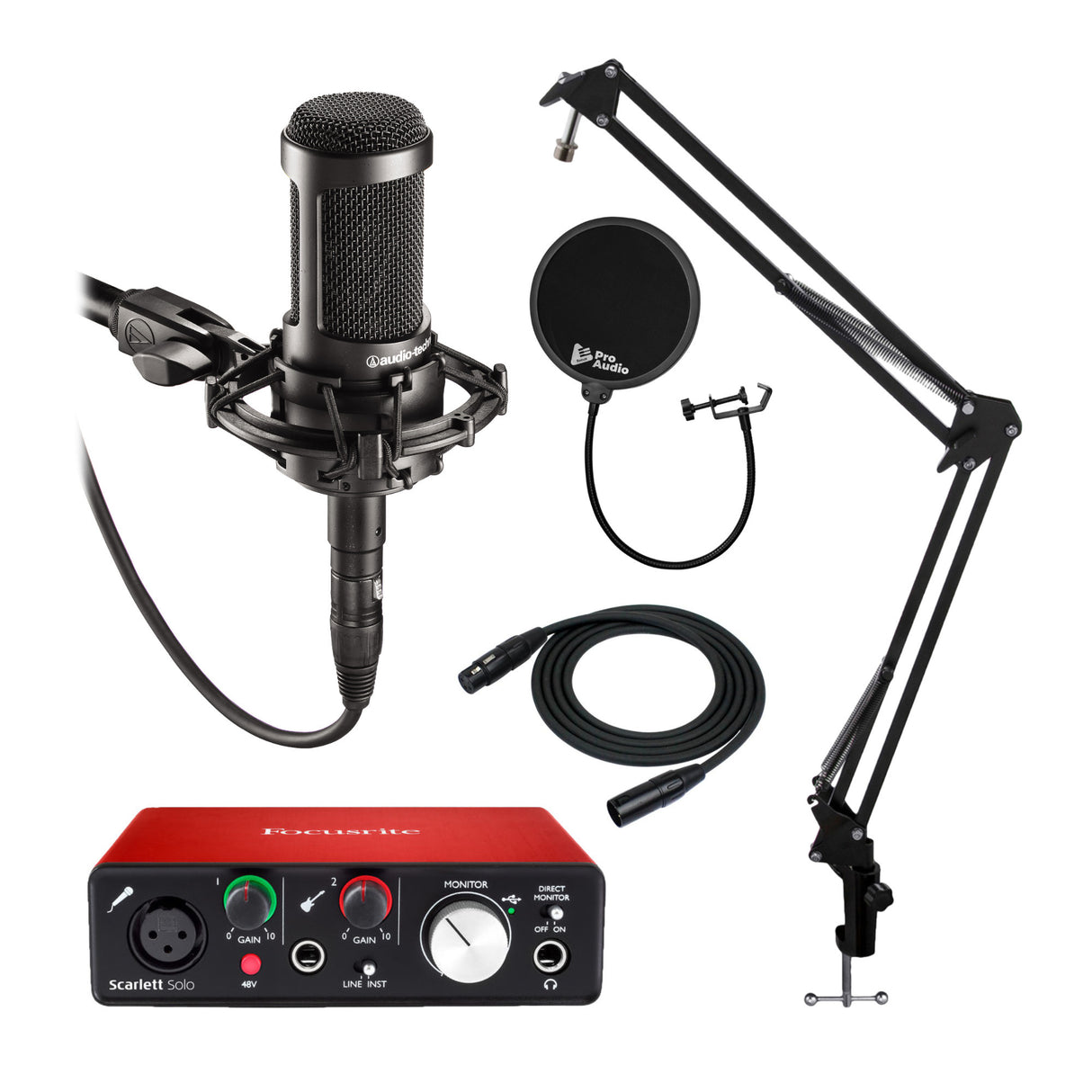 Audio Technica AT2035 Mic with Focusrite Scarlett Solo Interface & Accessories