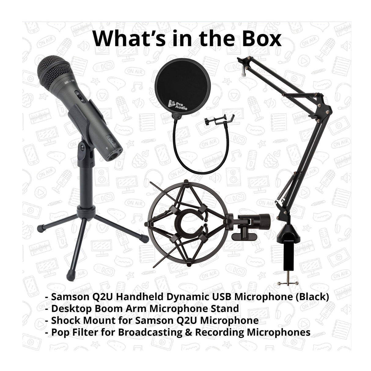 Samson Handheld USB Microphone with Desktop Boom Arm, Shock Mount, & Pop Filter