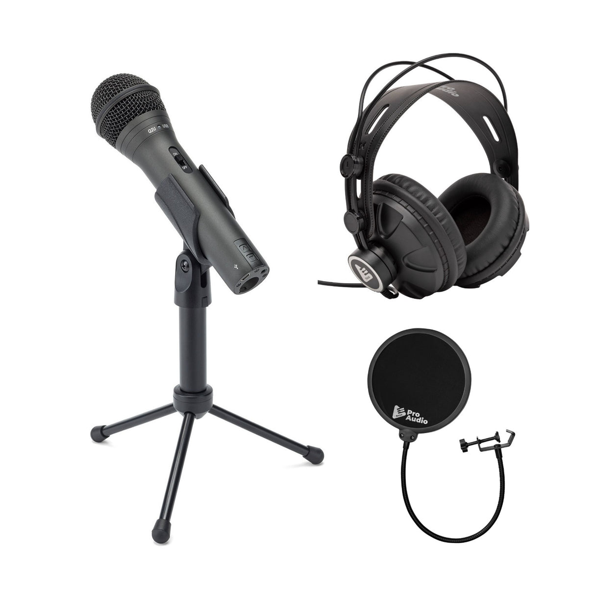 Samson Q2U Black Handheld Dynamic USB Microphone with Pop Filter and Headphones