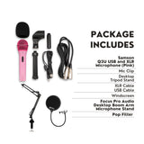 Samson Q2U USB and XLR Pink Microphone and Boom Arm Microphone Stand Bundle