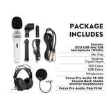 Samson Q2U USB and XLR Handheld White Dynamic Microphone and Headphones Bundle