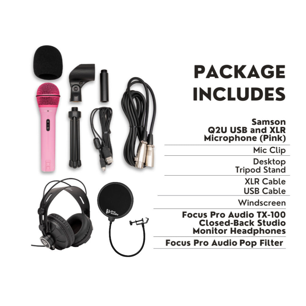 Samson Q2U USB and XLR Handheld Pink Dynamic Microphone and Headphones Bundle