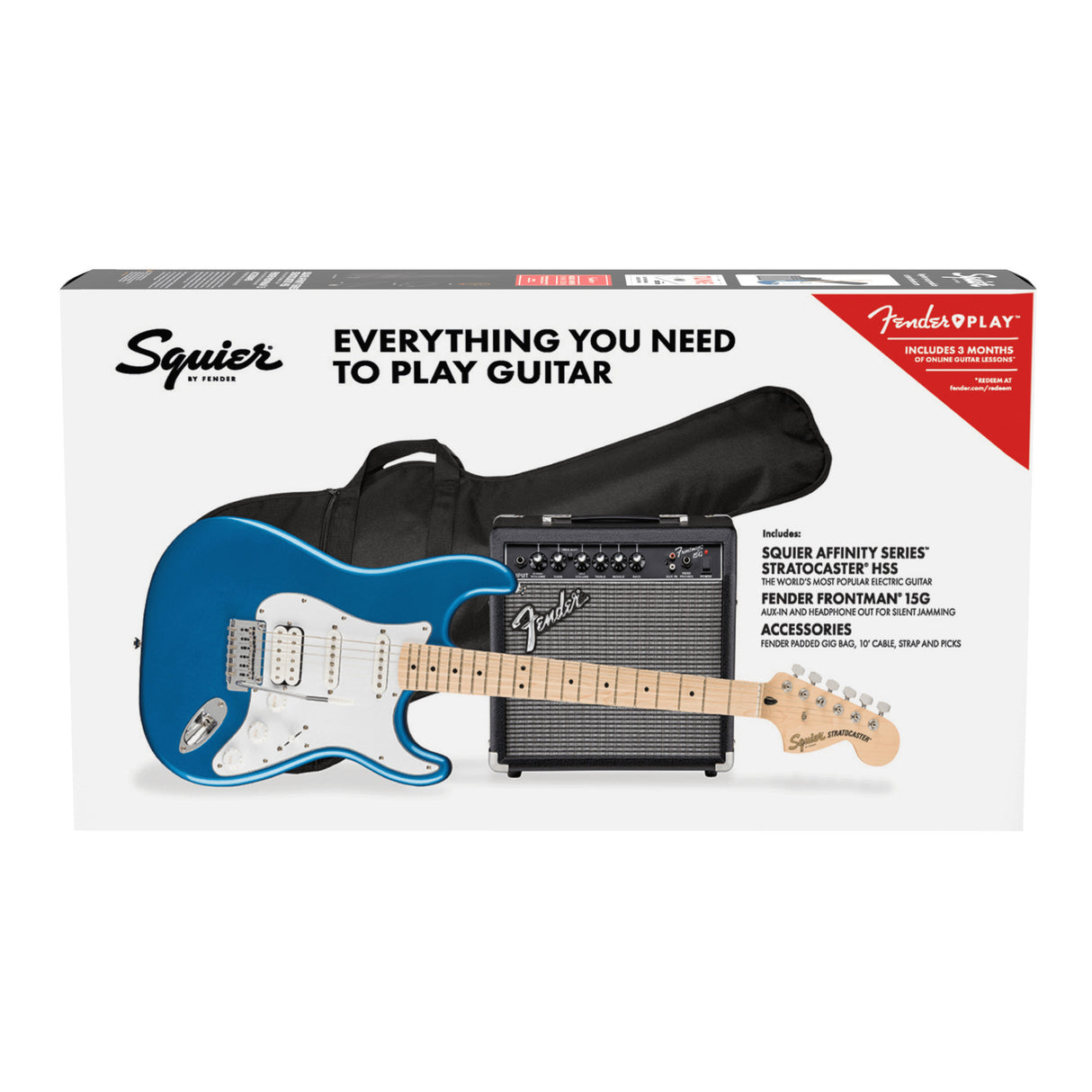 Squier Affinity Stratocaster HSS Pack, Lake Placid Blue with 15G Amp & Gig Bag