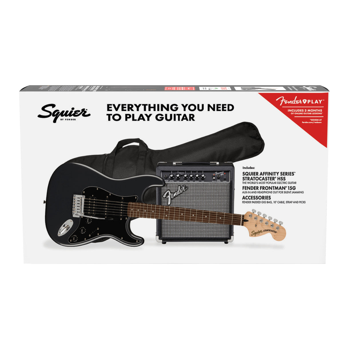 Squier Affinity Strat HSS Pack, Charcoal Frost Metallic with Gig Bag and 15G Amp