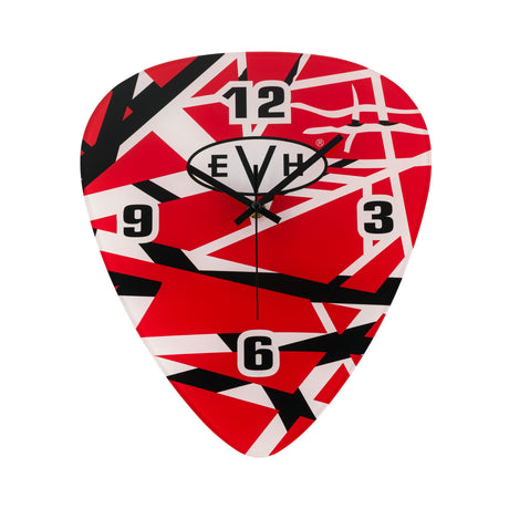 Wall clock designed like a guitar pick with red, black, and white design on a white background