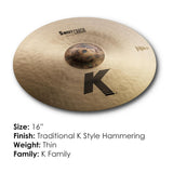 Zildjian K Sweet Crash Cymbal with Thin Weight and Dark Sweet Tone (16 Inch)