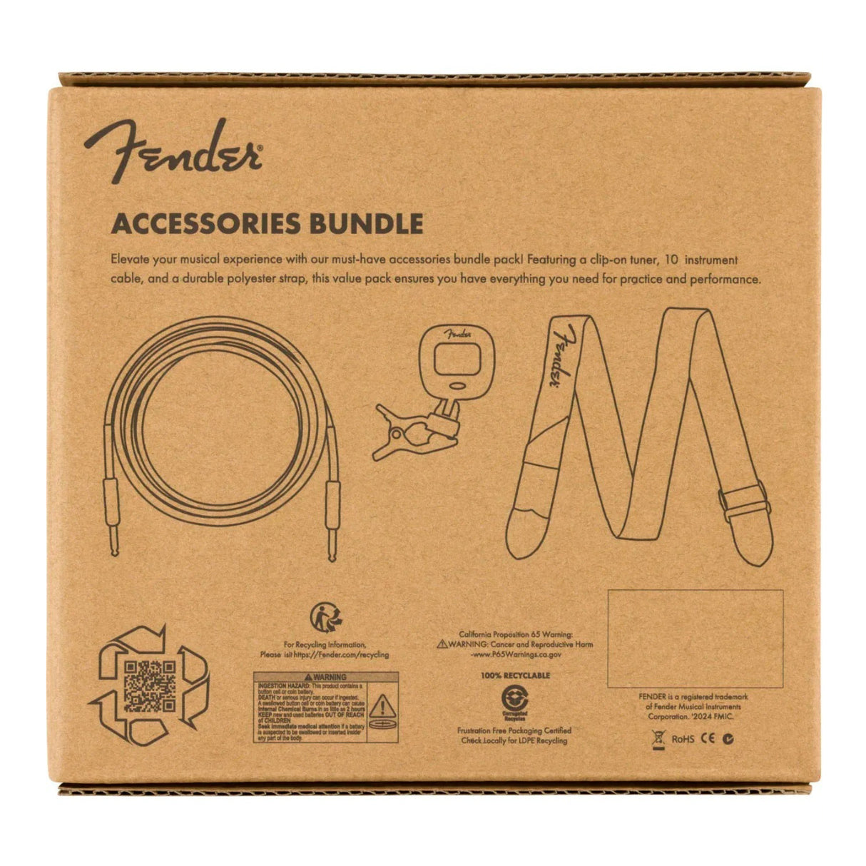 Fender Accessory Essentials Pack (Cable, Clip-On Tuner, Strap)