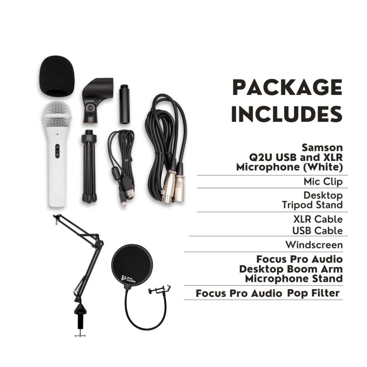 Samson Q2U USB and XLR White Microphone and Boom Arm Microphone Stand Bundle